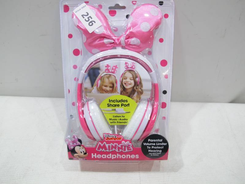 lot 460 image: NEW eKids IHOME Minnie Mouse Headphones Adjustable Headband, Stereo Sound, 3.5Mm Jack, Wired Headphones for Kids, Tangle-Free, Volume Control, Foldable, Over Ear