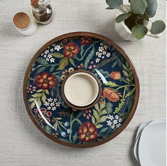 lot 429 image: NEW Members Mark 15-in. Mango Wood Chip & Dip Serving Platter - Scarlet Floral
