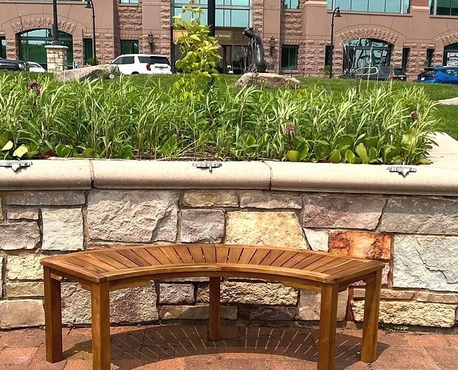 lot 229 image: NEW Patio Wise Acacia Wood Curved Fire Pit Bench