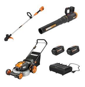 lot 150 image: NEW Worx 20 Push Mower, 13 String Trimmer, Quiet Tech Blower Combo Kit