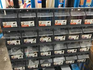 lot 59 image: 24 BINS WITH ASSORTED BRASS ITEMS