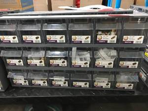 lot 65 image: 18 BINS WITH ASSORTED BRASS ITEMS