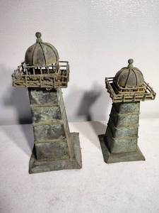 lot 283 image: (2) Lighthouse Tealight  T-Lite Holder Vintage Heavy-Gauge Metal.
