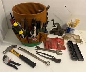 lot 39 image: Work Bucket & misc. Tools Including Small Bench Vise