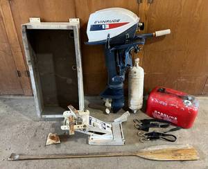 lot 101 image: Evinrude Fisherman 6HP Outboard Motor With Gas Tank, Transom Motor Mount And More
