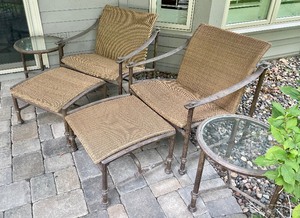 lot 15 image: Pair of Brown Jordan Chairs, Ottomans and Side Tables