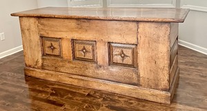 lot 3 image: Antique 18th Century Large Carved Chest from the Great Pyrenees Region Made into a Desk