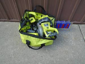 Ryobi tool kit. 18 volt with 2 batteries & 2 chargers. Saw, drill,miter saw. Used condition. Tested & works. As shown.