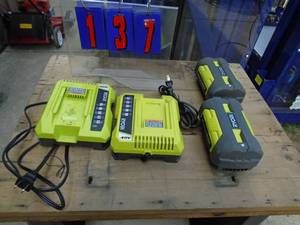 Ryobi 40 volt batteries & chargers. For parts or repair. No charge. As shown.