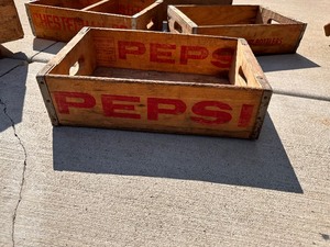 lot 21 image: Variety of Vintage Wood BoxesCrates including a PEPSI, Chesterman,  & Mid Continent Bottlers Box