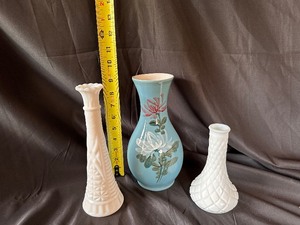 lot 109 image: Two Vintage Milk Glass Bud Vases and One Blue Painted Vase