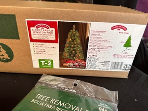 lot 169 image: Christmas Tree Skirt, 3 Tall Pre-lit Christmas Tree, Large Ornaments & Christmas Tree Bag