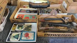 Collection of old seed packet artwork and vintage tools