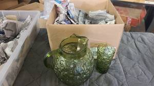 Green Bubble glass pitcher with 6 glasses