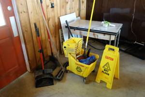 lot 242 image: Cleaning supplies- mop bucket dust pan etc.