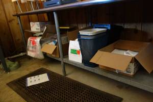 lot 245 image: Apple supplies bushel bags and contents of lower shelf by cooler