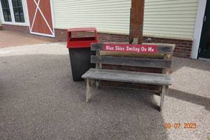 lot 73 image: Blue Skies Smiling on me Bench and Commercial Garbage Can