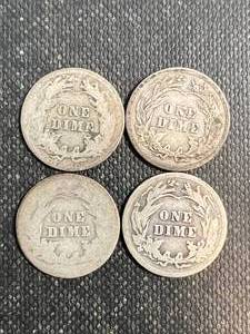 lot 42 image: GROUP OF 4 US BARBER DIMES 1908 1911 1912 1914