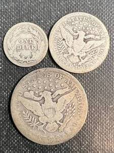 lot 43 image: GROUP OF 3 BARBER COINS 1900 HALF 1914 QUARTER 1914 DIME