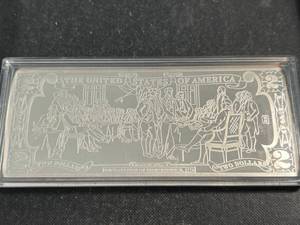 lot 67 image: 4 TROY OZ .999 FINE SILVER $2 BILL DESIGNED BAR