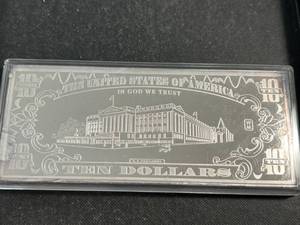 lot 69 image: 4 TROY OZ .999 FINE SILVER $10 BILL DESIGNED BAR