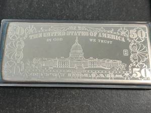 lot 71 image: 4 TROY OZ .999 FINE SILVER $50 BILL DESIGNED BAR