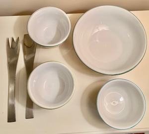 lot 130 image: Pottery Barn, Pretty FruitSalad Serving Bowl, Individual Table Bowls and Serving Utensils