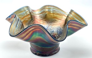 lot 58A image: Vintage Carnival Iridescent Glass Ruffled Edge Bowl