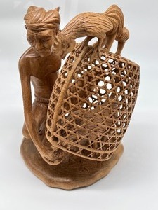 lot 10 image: Vintage Bali Wood Carved Farmer with Chicken Cage