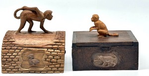 lot 167 image: Two Wooden Monkey Figurine Trinket Boxes