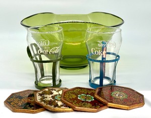 lot 191 image: Retro Green Glass Bowl and Pair of Vintage Coca-Cola Glasses with Metal Holders