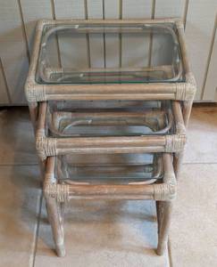 lot 254 image: Glass Topped Rattan Nesting Table Set
