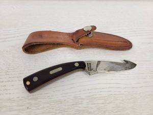 lot 212 image: Schrade Old Timer 3.5 Blade Gut hook Skinner Fixed Blade Knife with Sheath - Made in the USA