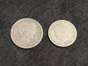 lot 223 image: 1898 Barber Quarter Dollar 90% Silver and 1901 Liberty Head V Nickel
