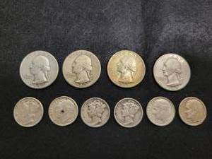 lot 240 image: (10) US Silver Coins - Washington Quarters, Mercury Dimes and Roosevelt Dimes
