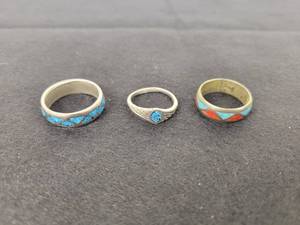 lot 253 image: Native American-Styled Turquoise and Coral Inlay Stone Chip Rings - Possibly Sterling Silver but not marked