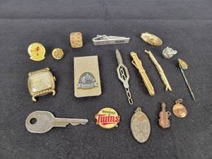 lot 255 image: BULOVA Watch, Fraternal Order of Eagles Pin, Money Clip, Tie Clips and More