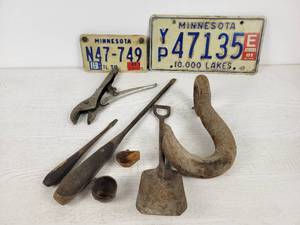 lot 270 image: Vintage Screwdrivers, Craftsman Locking Pliers, Large Hook, License Plates and More