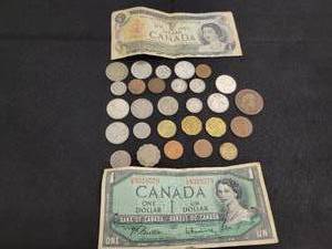 lot 293 image: Lot of Assorted Foreign Coins and Currency - Includes (3) 80% Silver Canadian Quarter and 1939 German Coin
