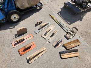 lot 23 image: Lot of (13) Concrete Hand Tools - Trowels, Brushes, Mixing Paddles