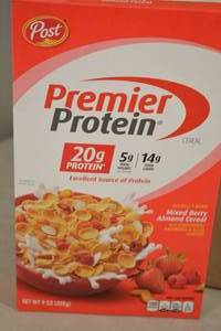 lot 161 image: Case of Post Premier Protein Cereal Mixed Berry Almond Flavor 8 Boxes