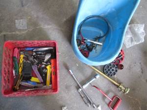 lot 388 image: Rolling shop bucket and crate full ...