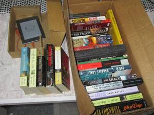 lot 897 image: Box of novels and an Amazon Kindle...