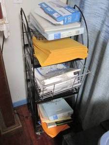 lot 912 image: Rolling office supply rack with sup...