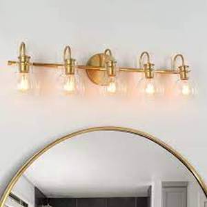 LNC Light Gold Vanity Modern Linear 35.5 in. 5-Light Contemporary Bathroom Powder Room Light with Round Clear Glass Shades