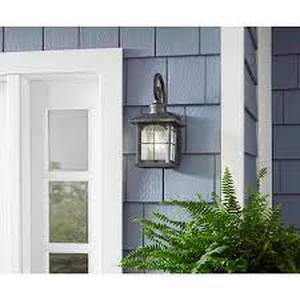 Home Decorations Collection Brimfield Motion-Sensing 14.2 in. Aged Iron 1-Light Outdoor Line Voltage Wall Sconce with No Bulb Included