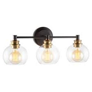 LNC 22 in. 3-Light Modern Aged Brass and Black Bathroom Vanity Light with Clear Glass Globe Shades