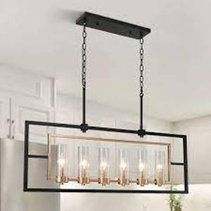 Uolfin Modern Black & Brass Large Linear Chandelier Light 37.4 in. 6-Light Island Chandelier Light with Clear Glass Shades