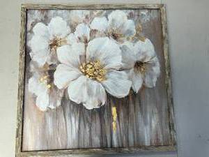 lot 428 image: Abstract Botanical Wooden Artwork Framed White Lily with Golden Foil Oil Painting