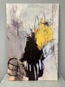 lot 433 image: Large Framed Abstract Black Grey Yellow Canvas Wall Art